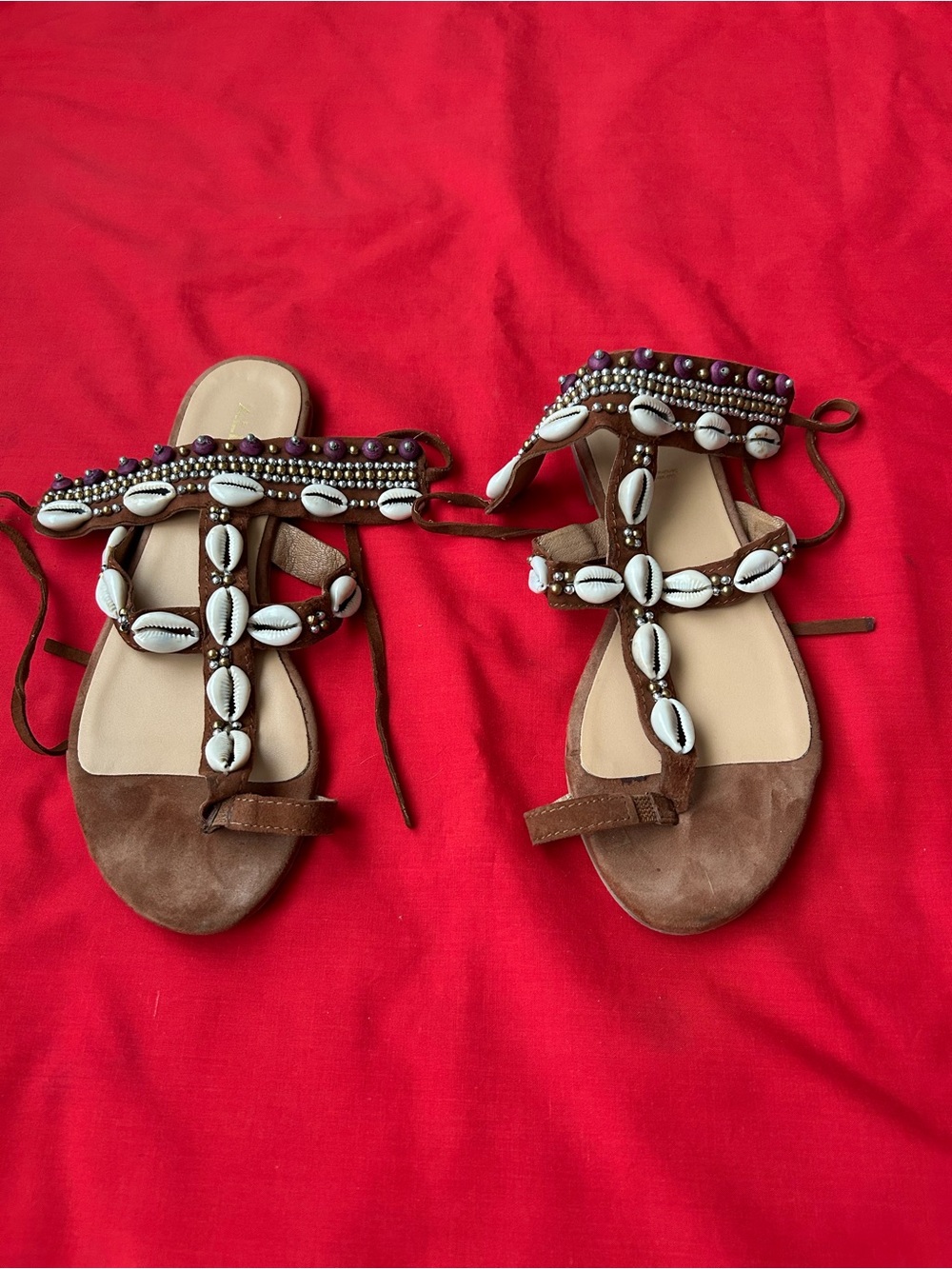 Aldo Brown Seashell Cowrie T-Strap Sandals